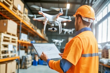 Worker in a safety vest inspecting a drone in a warehouse representing smart warehouse systems drone assisted delivery and innovations in automated logistics solutions