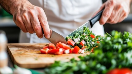 A chef's hands chopping fresh green and red vegetables including tomatoes and herbs on a wooden cutting board, showcasing culinary skills and attention to detail.
