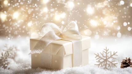 White Gift Box with Silver Bow in Snowy Winter Setting