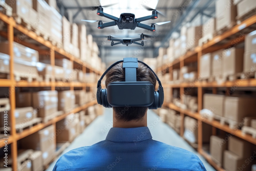 Poster worker in a headset monitoring drone movements in a warehouse representing the integration of smart 