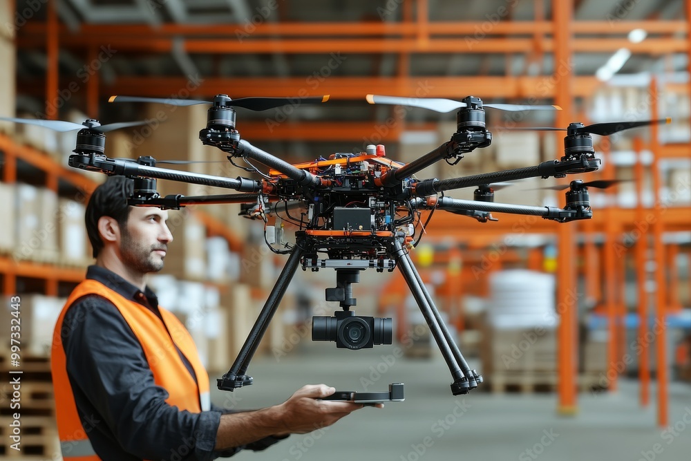 Poster worker in a hard hat monitoring drone operations in a warehouse representing the integration of smar