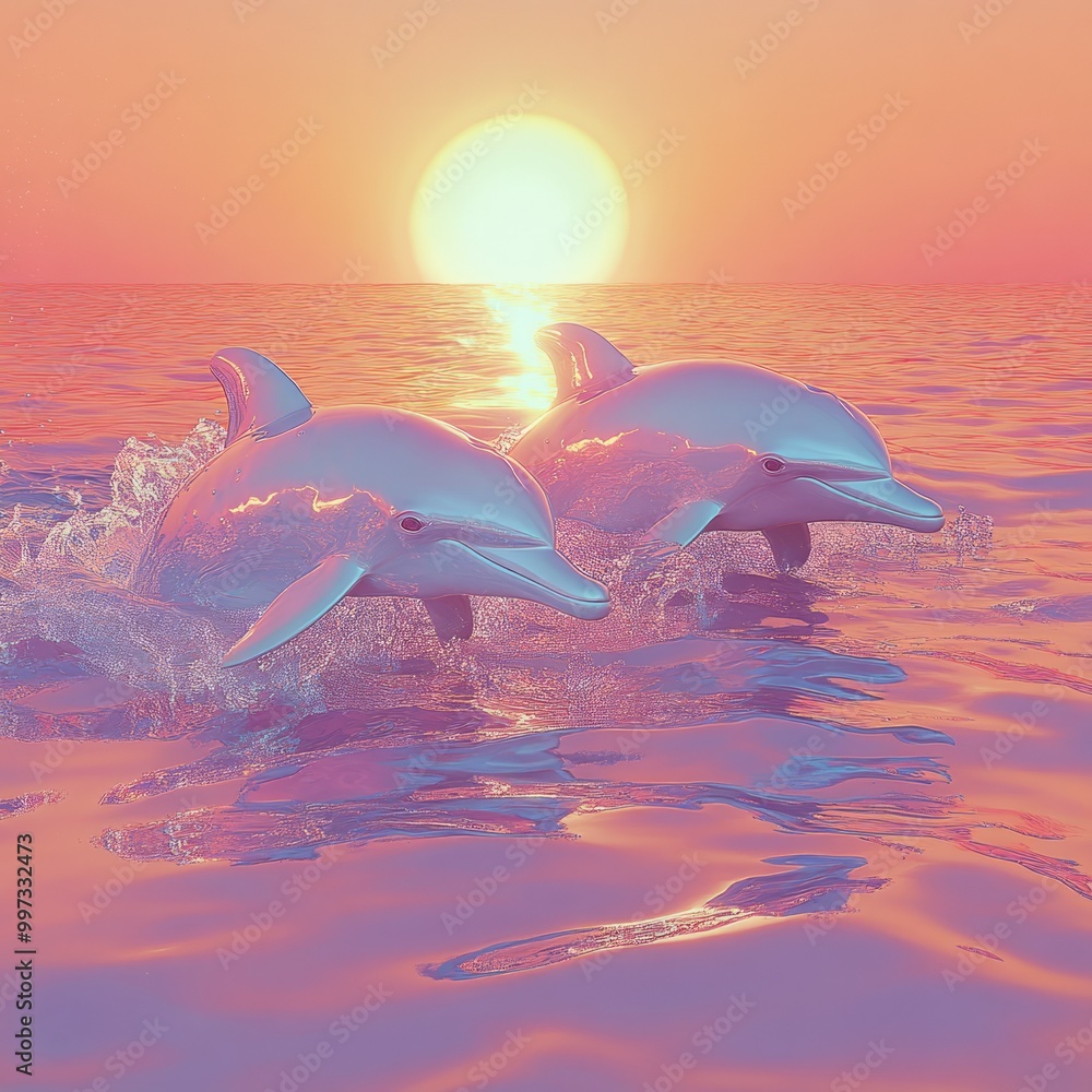 Canvas Prints Two dolphins leap from the ocean at sunset, creating a splash of water.