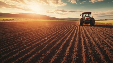 Fototapeta premium A Tractor Cultivates Soil in a Vibrant Field as Golden Sunlight Bathes the Landscape at Dusk. Generative AI
