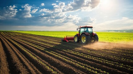 Naklejka premium A Tractor Works Diligently in a Vibrant Field, Cultivating Soil Under a Bright Blue Sky. Generative AI