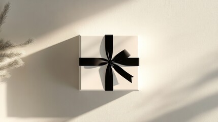 White Gift Box with Black Ribbon Bow and Sunlight Shadow