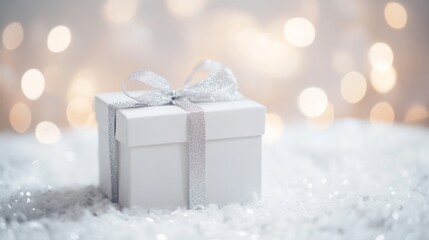White Gift Box with Silver Glitter Ribbon on a Snowy Background