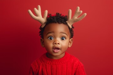 A cute little Black boy wearing reindeer horns costume and a red sweater, with an excited expression for Christmas