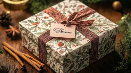 Christmas Gift Box with Holly and Brown Ribbon