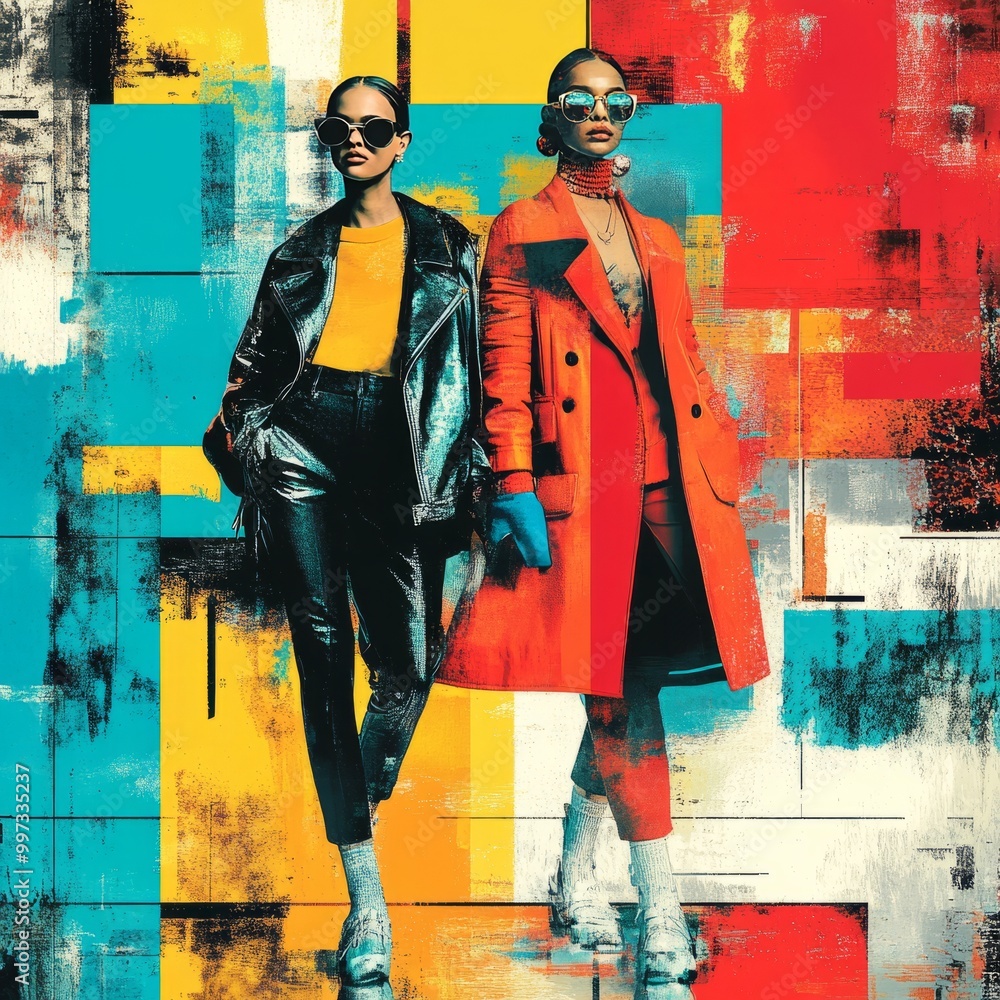 Canvas Prints Two stylish women in sunglasses and bold outfits stand against a vibrant, abstract background.