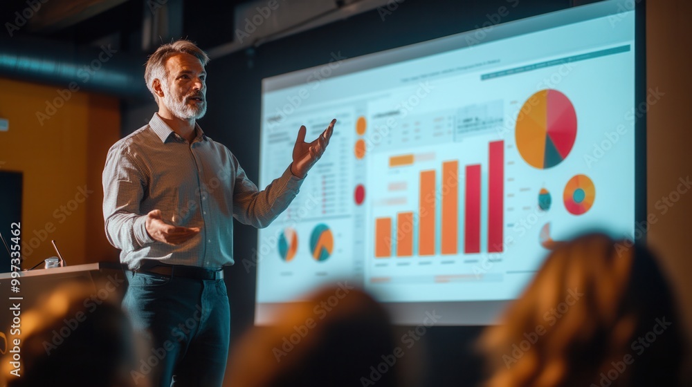 Poster the expert presents key findings at a conference, using colorful charts and graphs to illustrate com