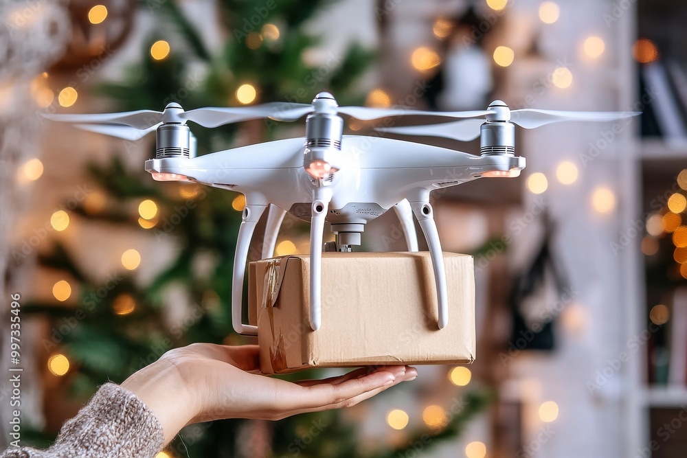 Poster drone delivering a small cardboard box in front of festive christmas tree with bokeh lights showcasi