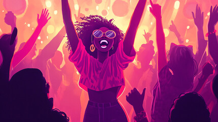 An illustration of a joyful person celebrating with a group of friends at a lively music festival.