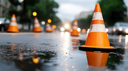 A wet road during the evening, with traffic cones glowing from the vehicle lights in the background, creating a sense of caution and alertness in the urban environment.