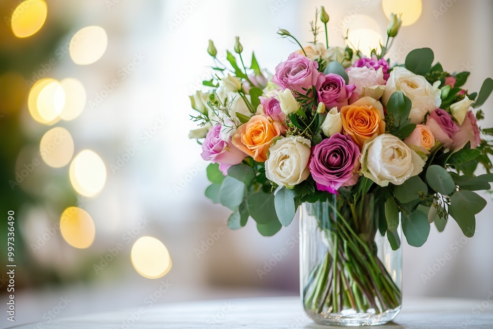 Poster a beautiful arrangement of mixed roses in a clear glass vase sits elegantly on a light wood table, c