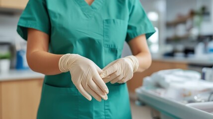 Medical nurse dressed in green surgical attire, meticulously putting on beige latex gloves, preparing for a patient care procedure in a well-lit medical setting.