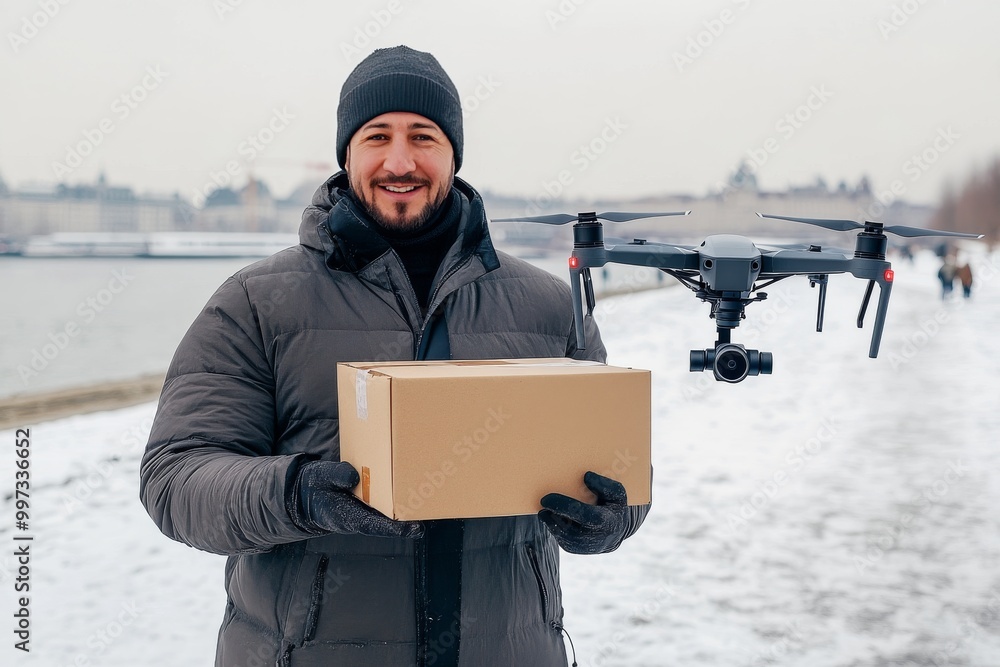 Aufkleber man holding a package next to a large drone in a snowy landscape highlighting the capability of dron
