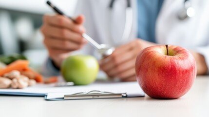 A doctor in a white coat provides nutritional advice, writing notes while fruits like apples are displayed on the desk, emphasizing the importance of a healthy diet.