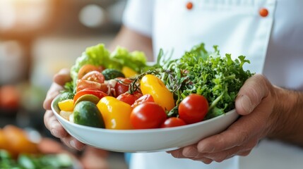 A chef holds a bowl filled with a variety of fresh and colorful vegetables such as tomatoes, bell peppers, and lettuce, highlighting the importance of healthy eating.