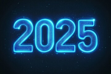 Minimalistic logo contour of 2025, new year blue neon color on black background