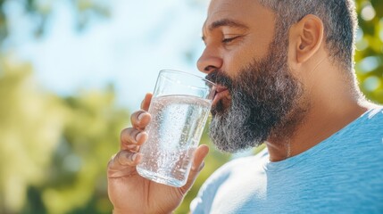 A man drinks a refreshing glass of sparkling water while standing outdoors in natural sunlight, emphasizing hydration, health, and well-being on a sunny day.