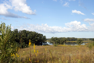 Turner Lake Fen and native prairie grasses and trees in autumn at Moraine Hills State Park in McHenry County, Illinois
