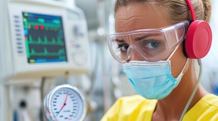 A healthcare professional, wearing a yellow uniform, is near a medical monitor with various readouts, indicating a clinical setting focused on patient monitoring and care.