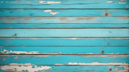 Fototapeta premium A weathered turquoise wooden plank background with peeling paint.