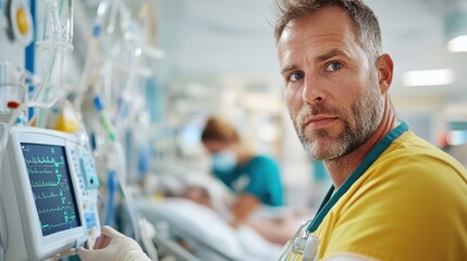 Image depicts a healthcare professional intently watching a patient’s vital signs in a hospital setting, underscoring dedication and medical attentiveness.