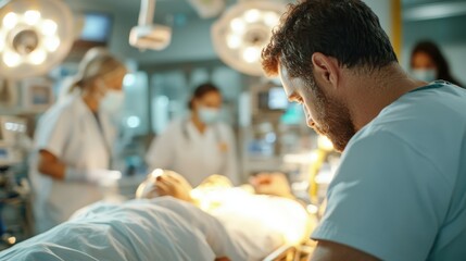 A surgeon focuses on attending to a patient in a high-tech operating theater, with medical staff and advanced surgical tools ensuring the best possible care and outcomes.
