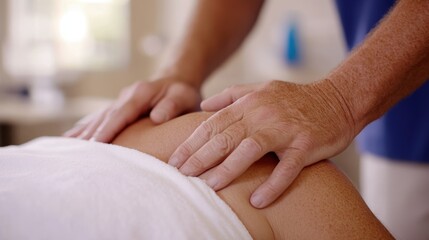 Hands of a therapist performing a therapeutic massage on a patient, which provides relaxation and stress relief. The setting indicates a calm and tranquil environment.