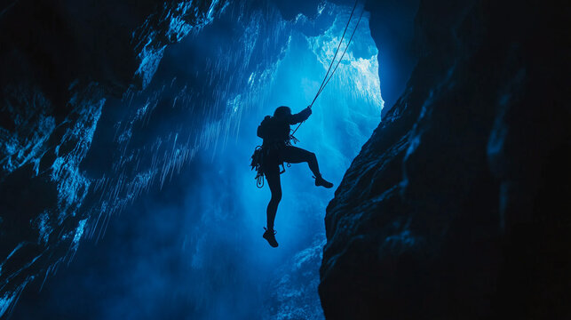A person descends into a cave using ropes, illuminated by blue light, creating a dramatic and mysterious atmosphere