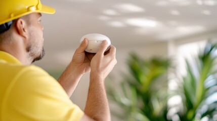 A worker in a yellow uniform installing a smoke detector on a ceiling, highlighting the importance of safety measures, proper installation, and maintenance for preventing fire hazards.