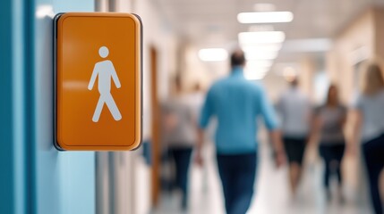 A bright and modern hallway with a pedestrian sign on a pole in the foreground, depicting people walking and focusing on indoor navigation, movement, and direction.