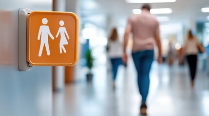 Bright indoor hallway featuring a restroom sign with male and female icons, and people walking in the background, highlighting the importance of clear signage and movement.