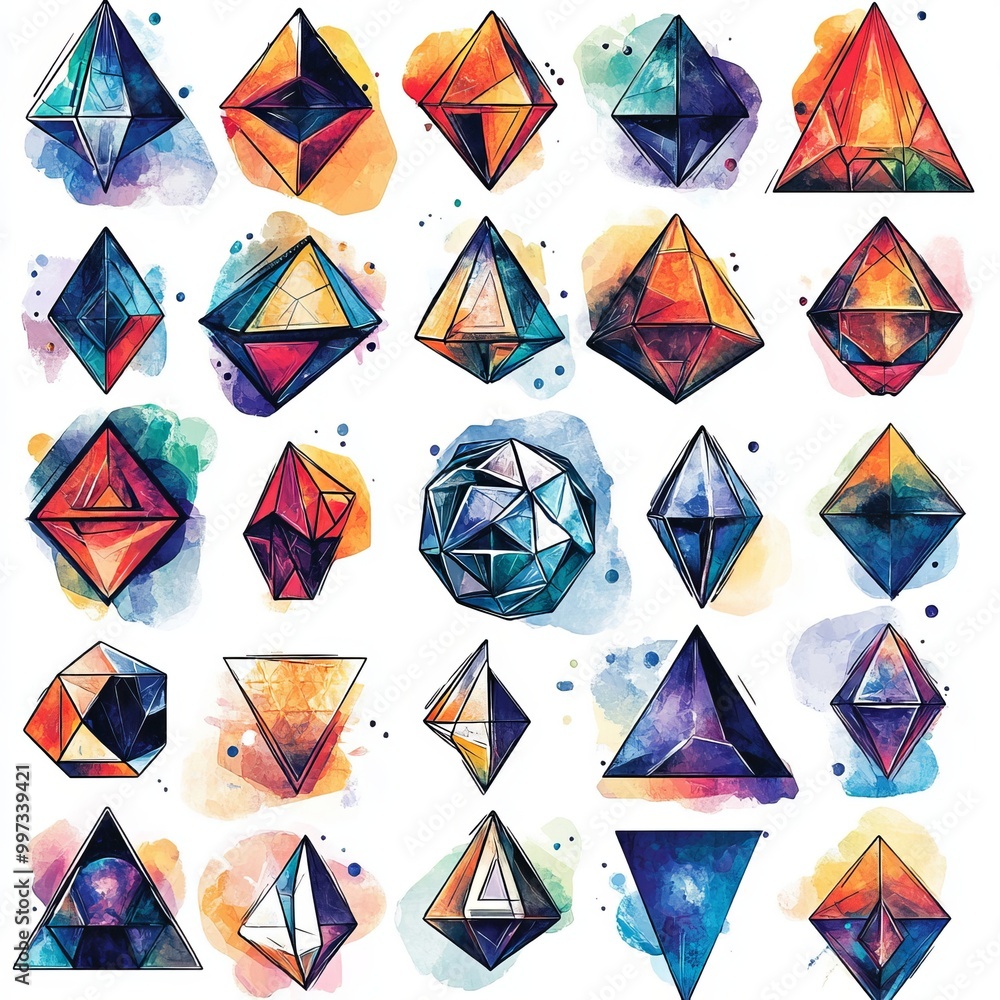 Sticker Watercolor geometric shapes on white background.