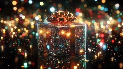 A Glittery Gift Box with a Golden Bow and Confetti