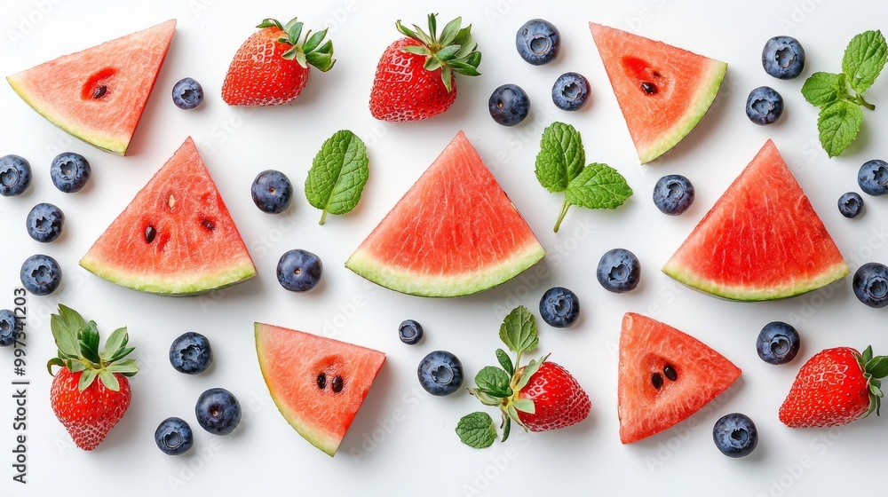 Poster Watermelon, strawberries and blueberries arranged in a pattern on a white background.