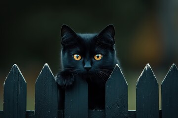 Fototapeta premium A curious black cat with golden eyes peering through a wooden fence.