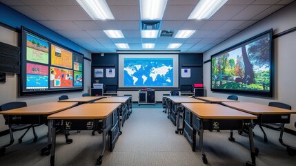 A classroom with a large screen on the wall and a projector