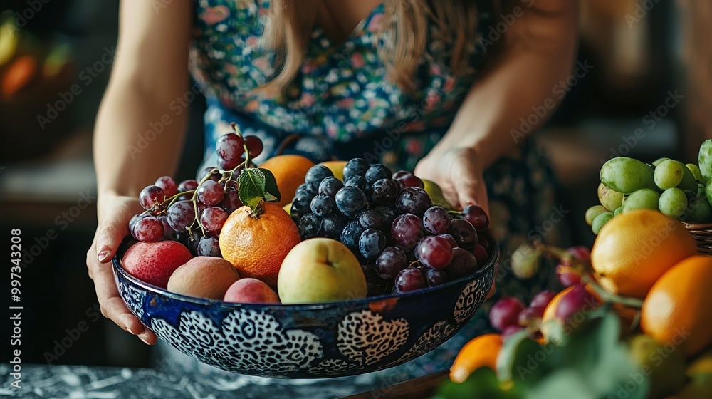 Poster Woman holding a bowl full of fresh fruit.