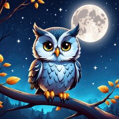 Obraz premium A whimsical owl perched on a branch under a full moon, surrounded by stars and autumn leaves.