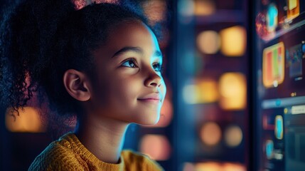 A young girl is looking at a computer screen with a smile on her face