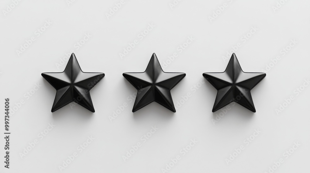 Poster three glossy black star shapes are lined up neatly against a stark white background, highlighting a 