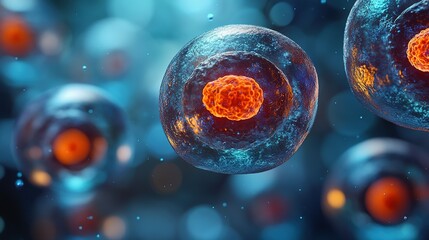 A Close-Up View of a Single Cell with a Bright Orange Nucleus