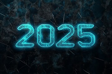 Minimalistic logo contour of 2025, new year blue neon color on black background