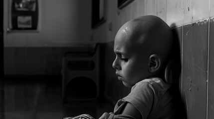 A worried child lies in a hospital bed, with medical equipment. bald after chemotherapy. oncology and cancer.