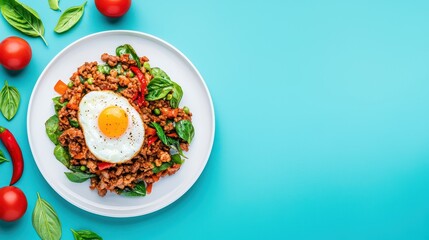 Colorful plate of stir-fried vegetables and minced meat with an egg on top.