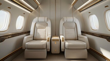 Fototapeta premium Luxury aircraft interior featuring two plush leather seats with elegant design and natural light from large windows.