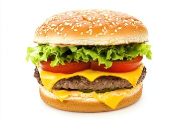 Delicious cheeseburger with lettuce and tomato, white isolate background.