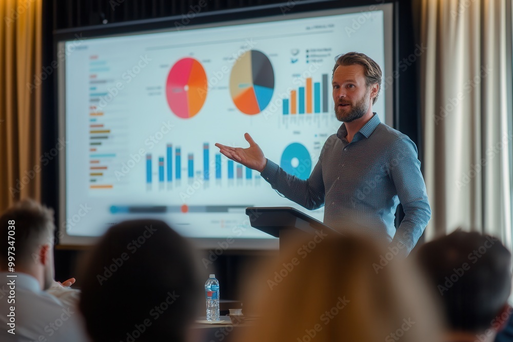 Poster an expert passionately explains data trends at a conference, showcasing colorful charts and graphs t